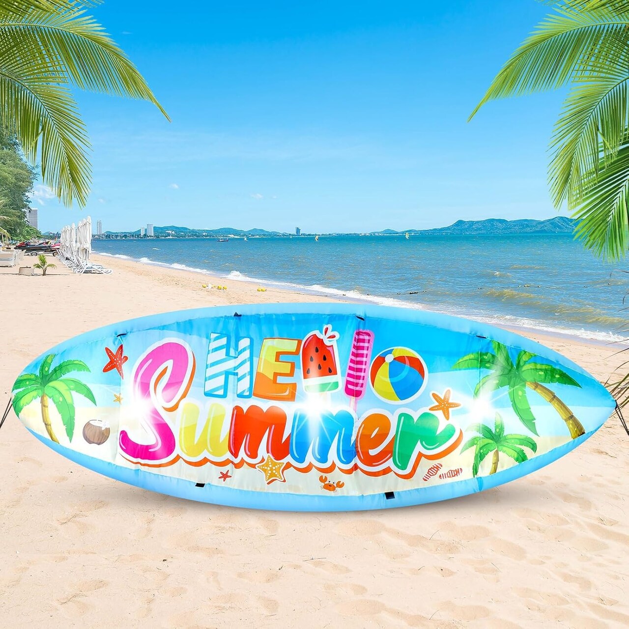 5 FT Hello Summer Surfboard Inflatable, Outdoor Blow Up Yard Decoration with Built-in 3 LED Lights, Summer Luau Party Decorations for Pool Holiday Garden Lawn Patio Tropical Beach